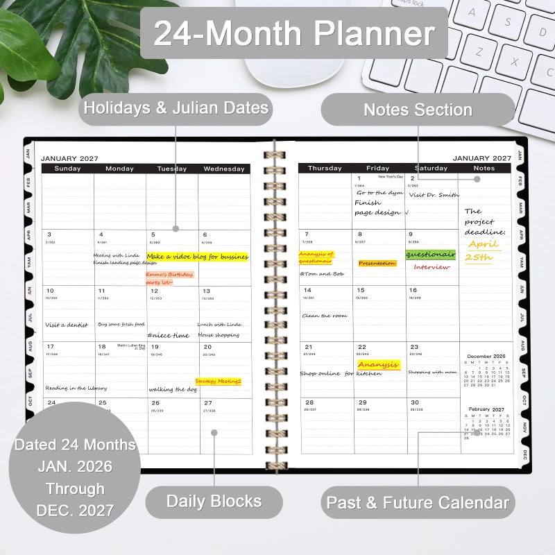 Ymumuda 2026 Monthly Planner - 2 Year Monthly Planner, JAN.2026 to DEC.2027, 8.5"" x 11"", Large Calendar with Spiral Bound, 24 Coated Tabs,24 Months Perfect for School & Office Schedule, Golden Leaves - Image 3
